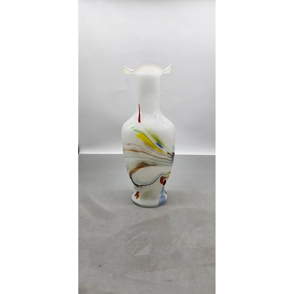 Vintage Hand Blown Art Glass Vase White Multi Color Swirl Ruffled Rim 13.5 Inch